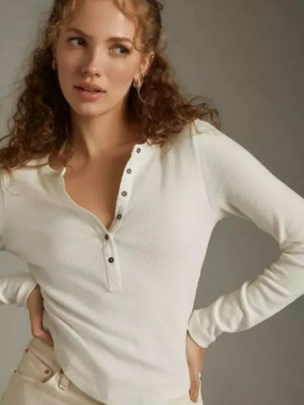 Anthropologie The Andie Ribbed Henley White Sz Medium Top by Pilcro GUC